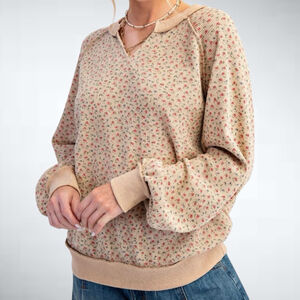 Easel Ditsy Flower Print Thermal Pullover Top in Cream Size S